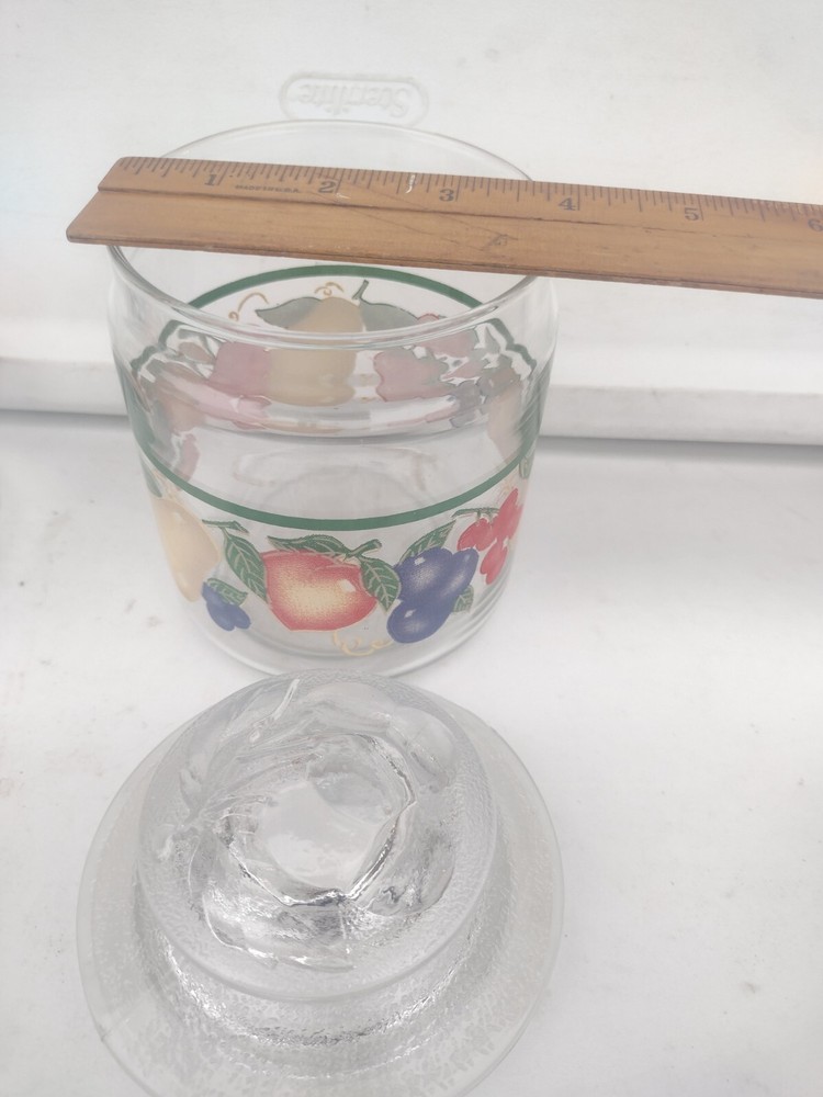 Covered Glass Candy Jar W/Removable Lid Fruit Design Pattern
