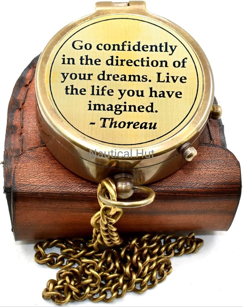 Thoreau Go Confidently Brass Antique Compass With Leather Case Guidance Gift