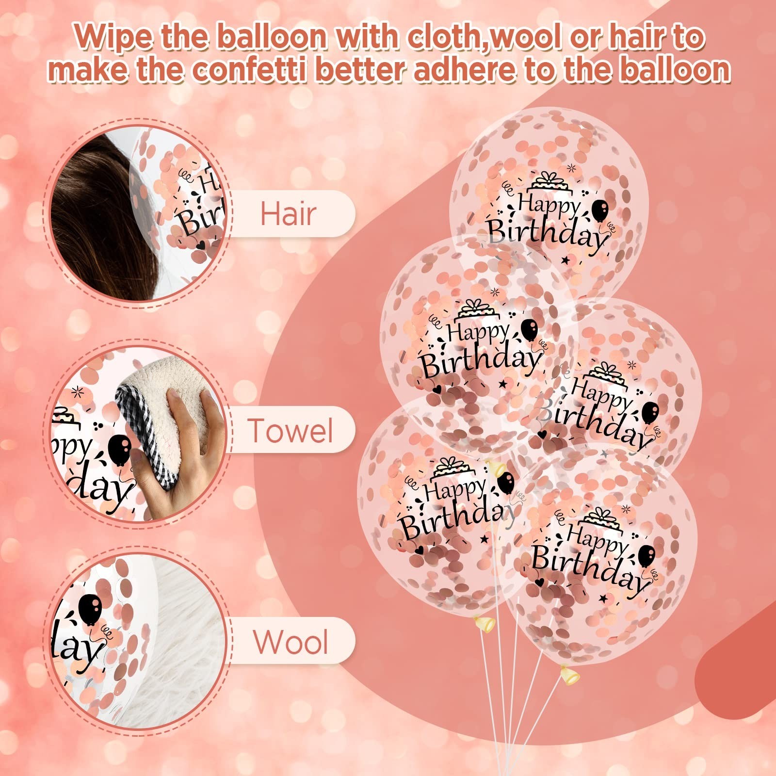 RUMIA Rose Gold Happy Birthday Balloons 18 Pcs 12 Inch Latex Confetti Balloon...