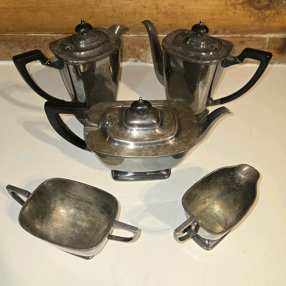 Hecworth Scheffield Tea Coffee Set Silverplate Brutalist Gothic Aged Patina 5 Pc