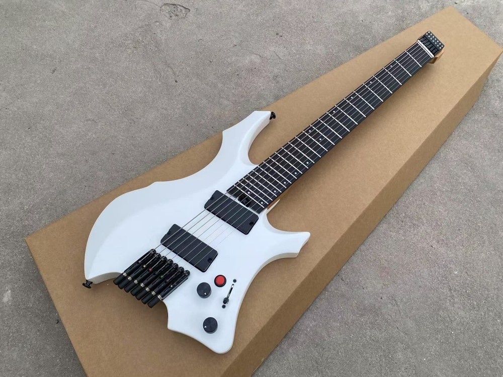 Satin White 7 String Headless Electric Guitar Red Killswitch Active Pickups