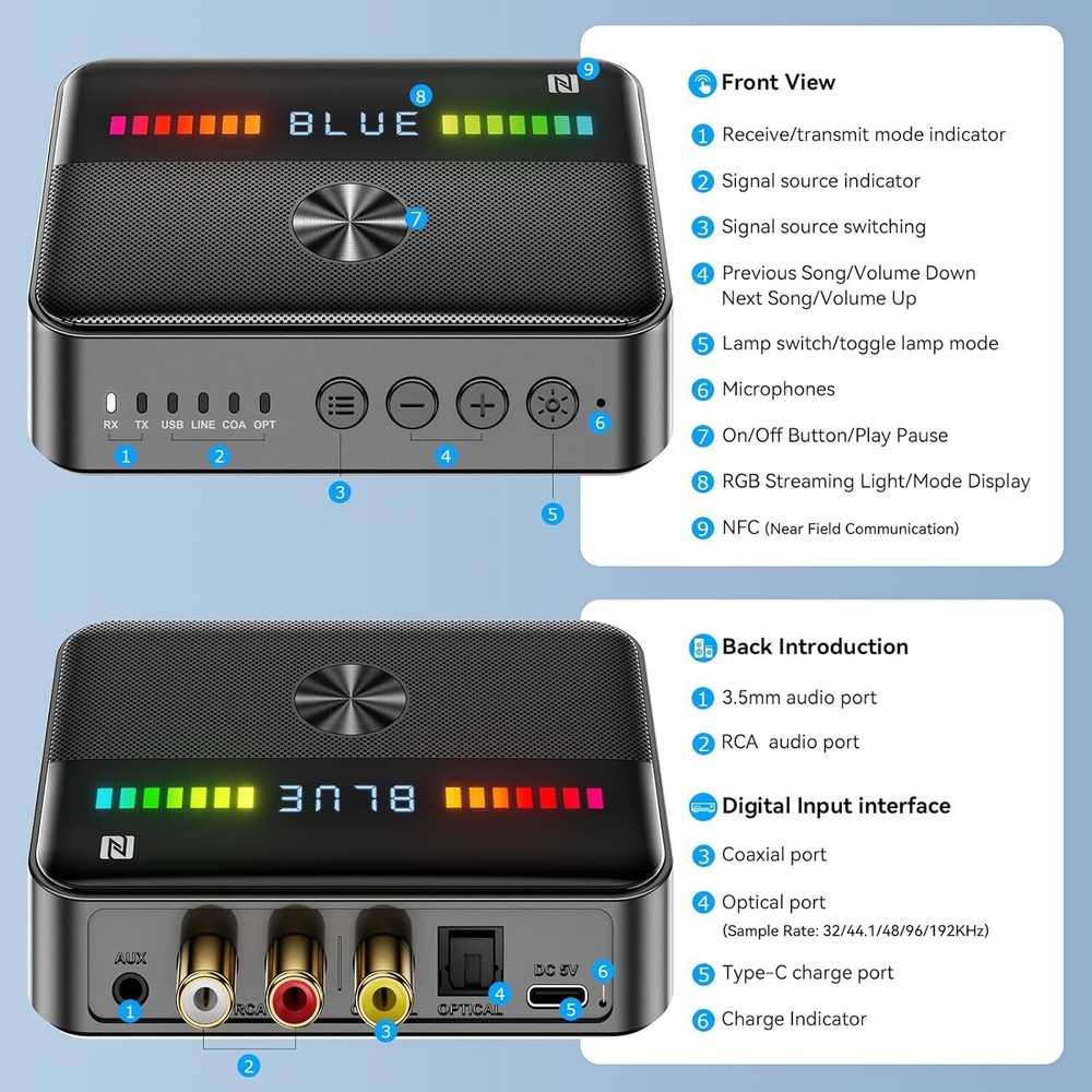 USB Bluetooth 5.3 Transmitter Receiver 3.5mm AUX RCA Coaxial Optical NFC Adapter