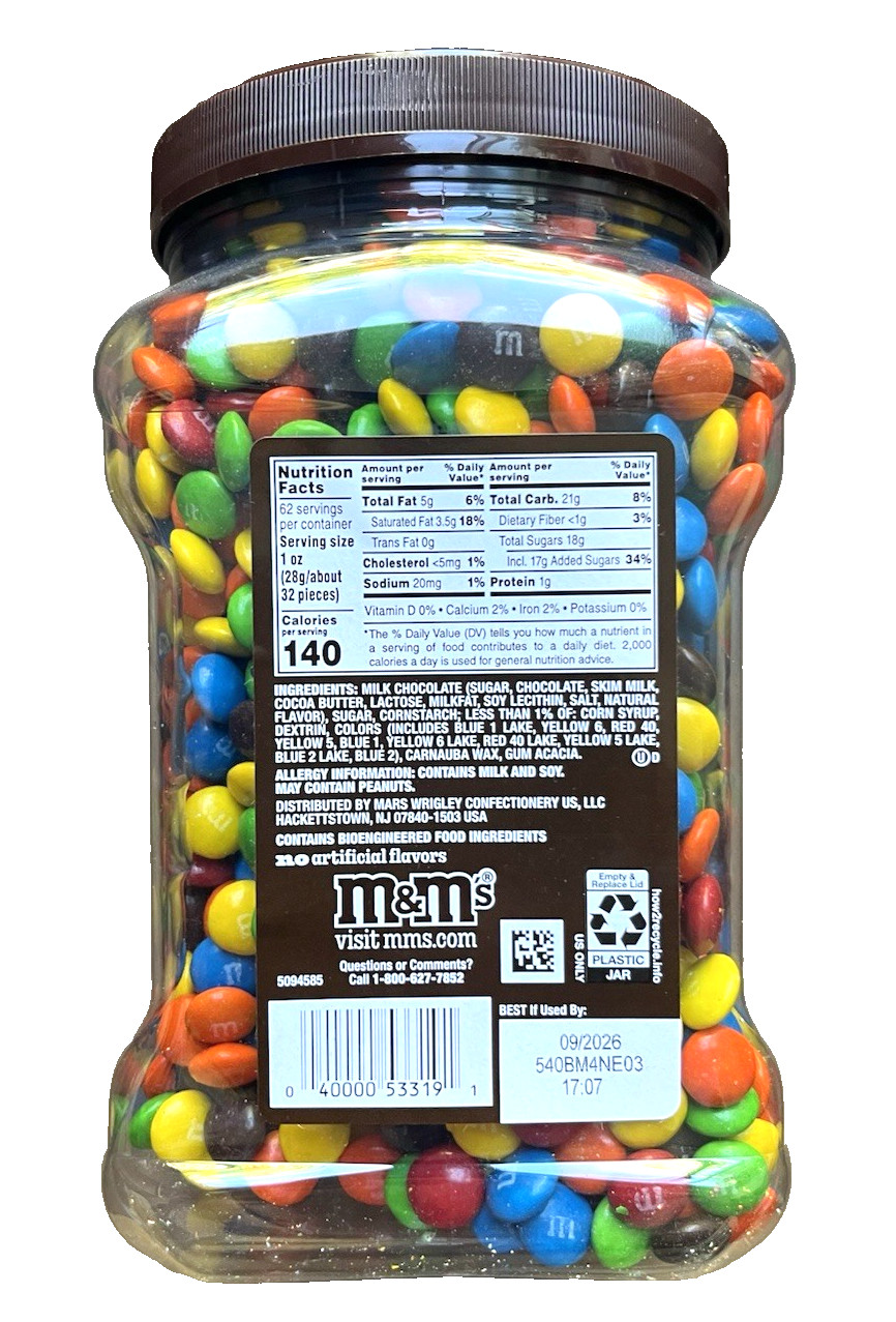 M&M’S Milk Chocolate Candy 62 oz Bulk Jar Pantry Snack Sealed