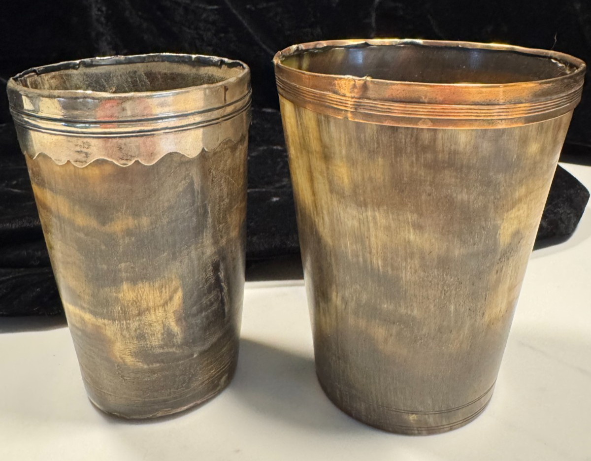 2 GEORGIAN COPPER/GOLD & SILVER RIMMED CUPS BANDED BASES GREAT CONDITION