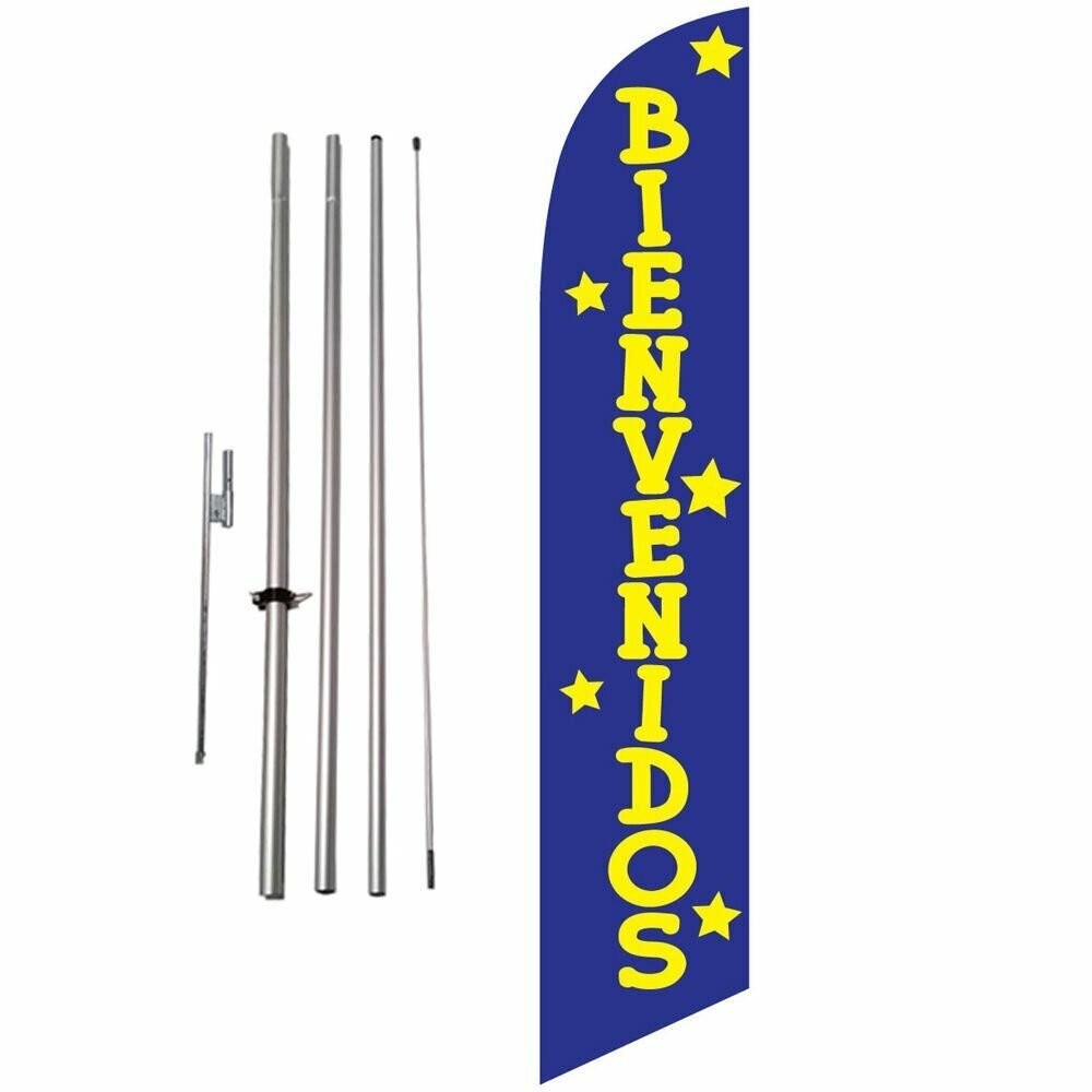 Bienvenidos (blue) 15ft Feather Banner Swooper Flag Kit with pole & spike
