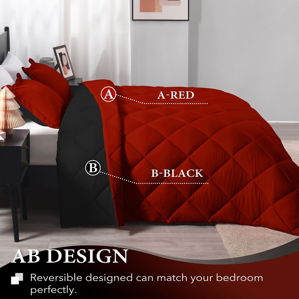 King Size Comforter, Soft Bedding Set, 104x92 Inch, Red Black