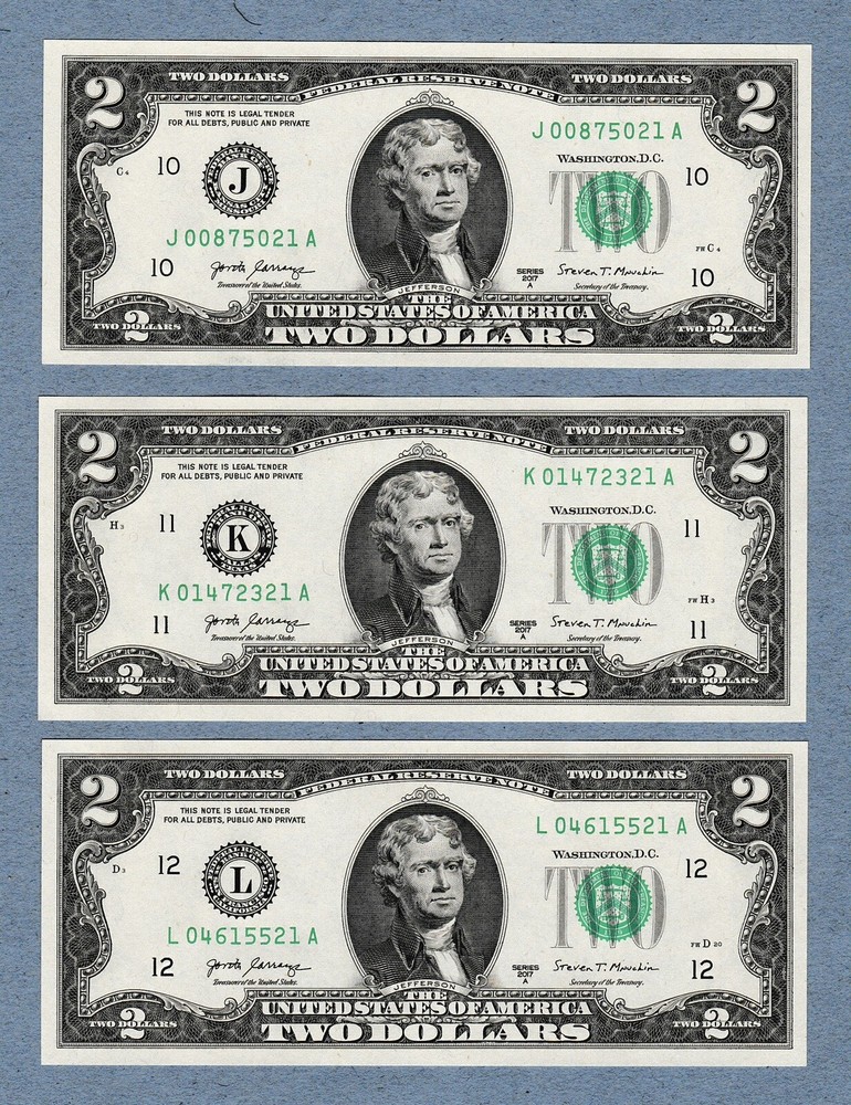 2017 A $2 TWO DOLLAR BILLS ( 11 District full set ) UNCIRCULATED