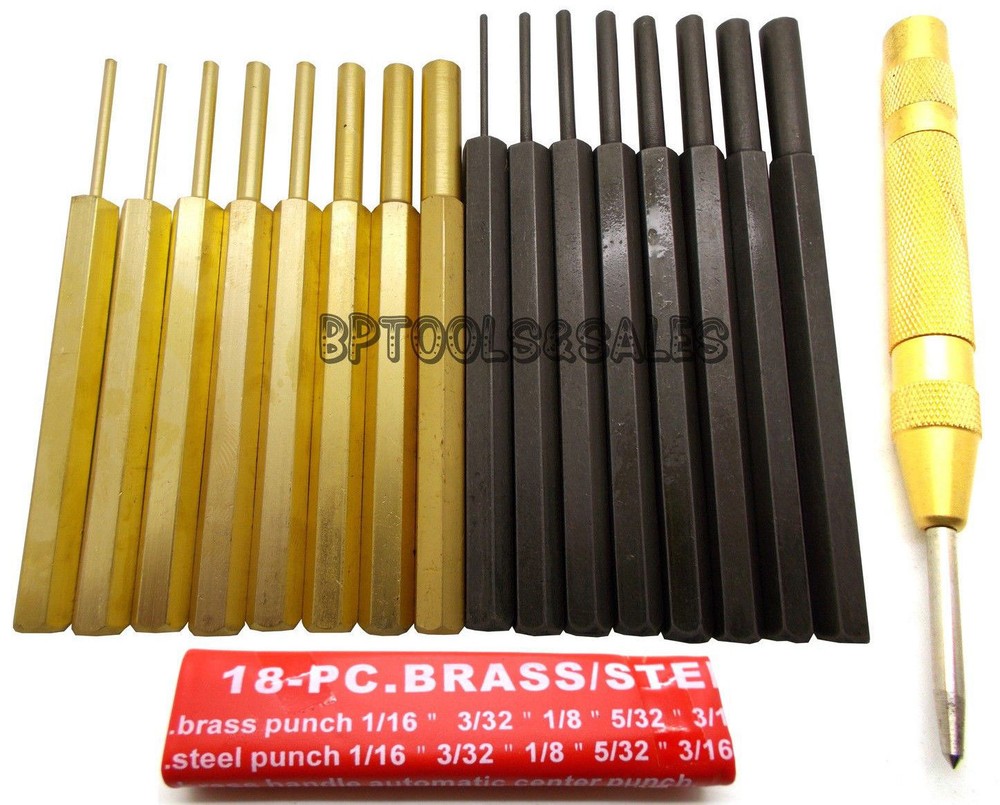 18pc Brass & Steel Punch Set Solid w/ Automatic Pin Center & Storage Pouch