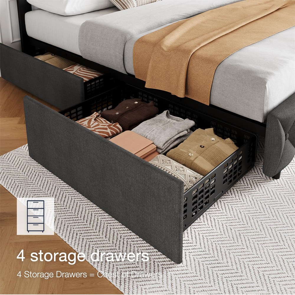 ⏯✅4 Storage Drawers and Headboard Queen Bed Frame Upholstered Platform Bed Frame