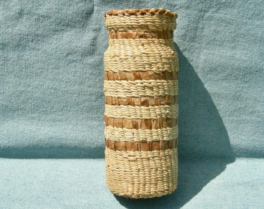 antique PACIFIC NW NATIVE AMERICAN NOOTKA, MAKAH HANDMADE BASKETRY GLASS JAR