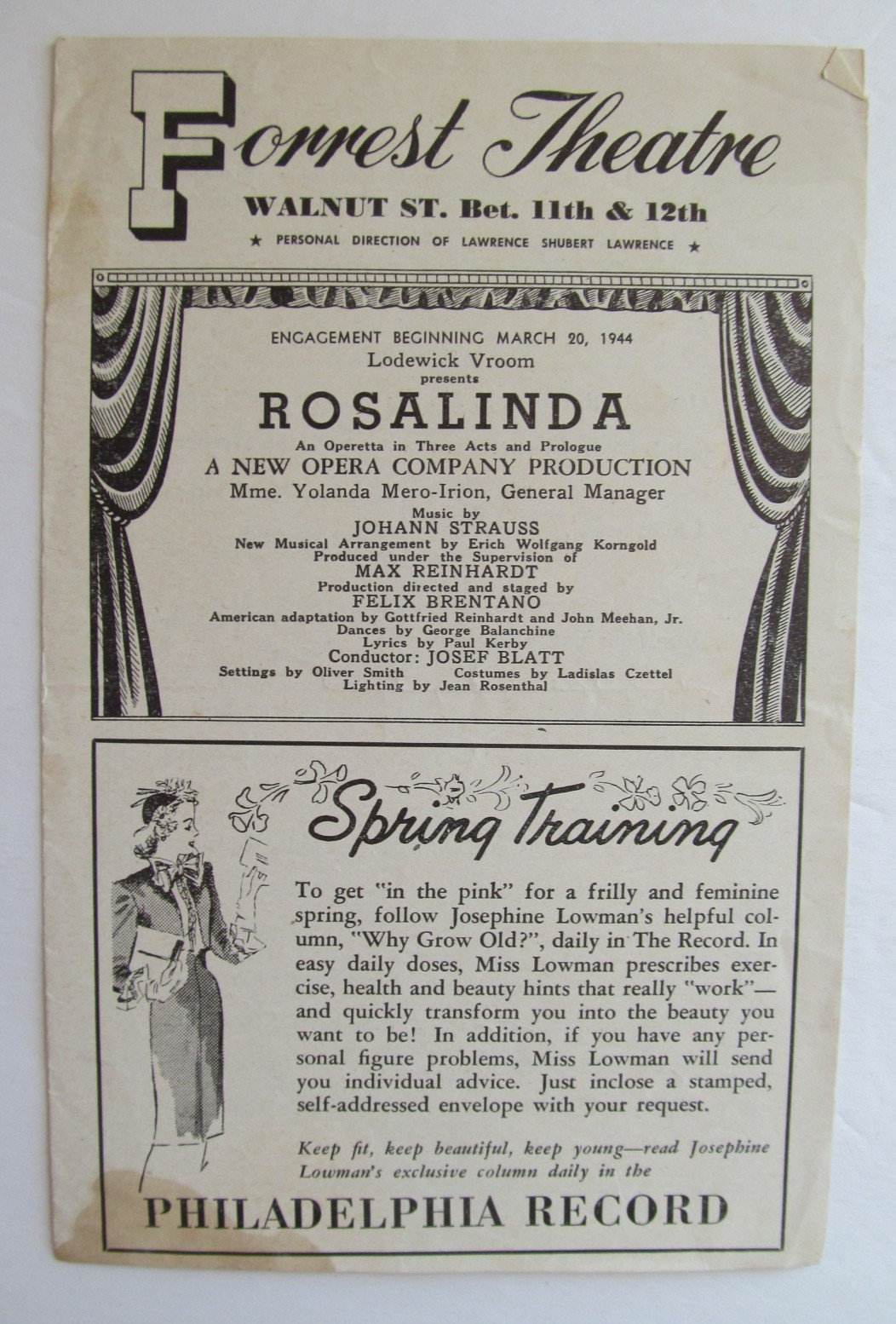 Rosalinda - Strauss Operetta Program -  1944 Philadelphia - Dorothy Sarnoff