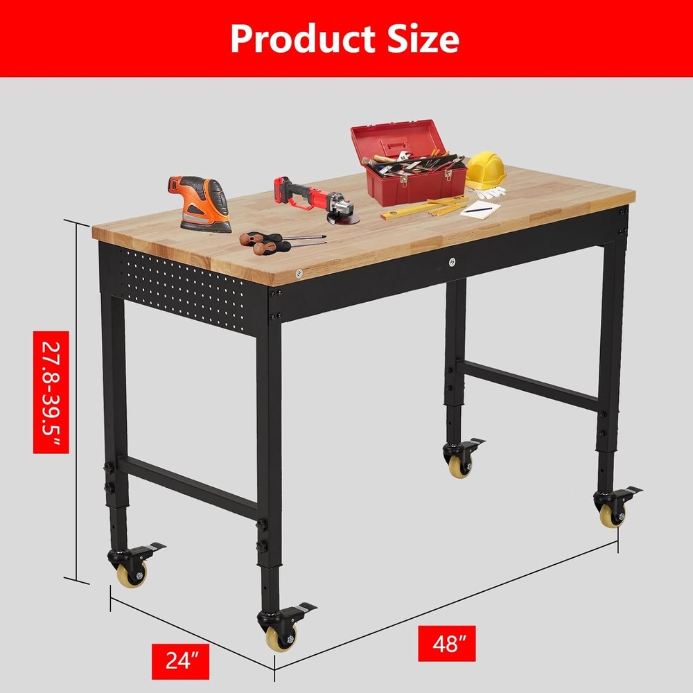 48"x24"Garage Workbench&Wheels&Power Strip Work Table|2000LBS Adjustable Height