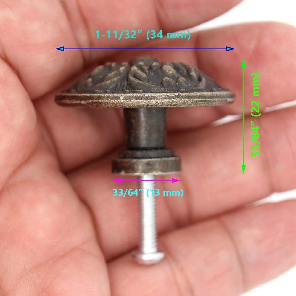 6 Pcs Vintage Antique Brass Knobs Handles Pulls with Flower Pattern For Cabinet