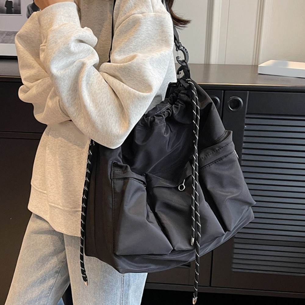 Functional Nylon Shoulder Bucket Bag with Drawstring and 3 Small Pockets