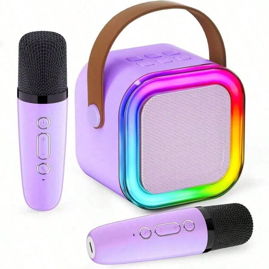 2-Mic Mini Karaoke Machine, Portable Wireless Microphone Speaker With LED Lights