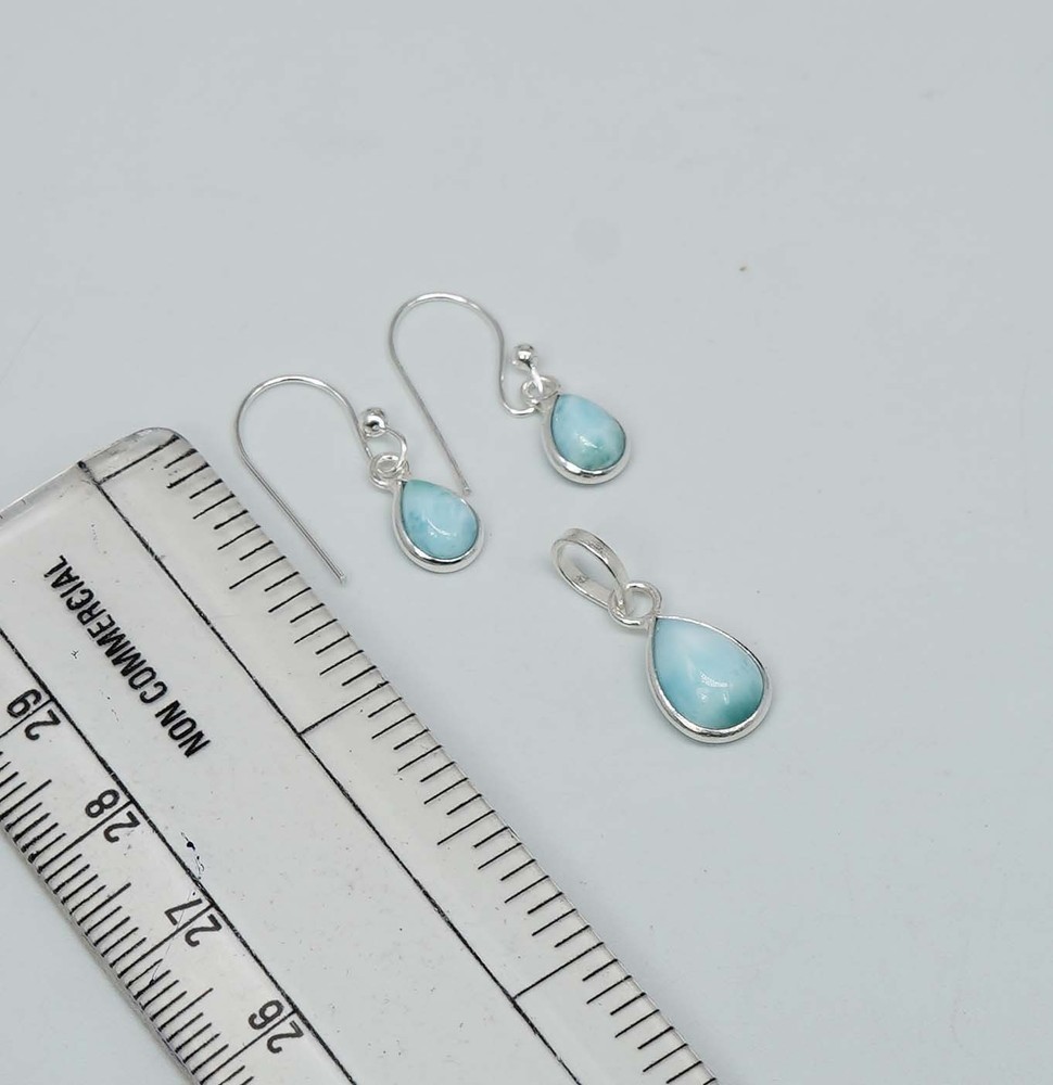 925 Solid Sterling Silver Blue Larimar Hook Earring Pendant Set