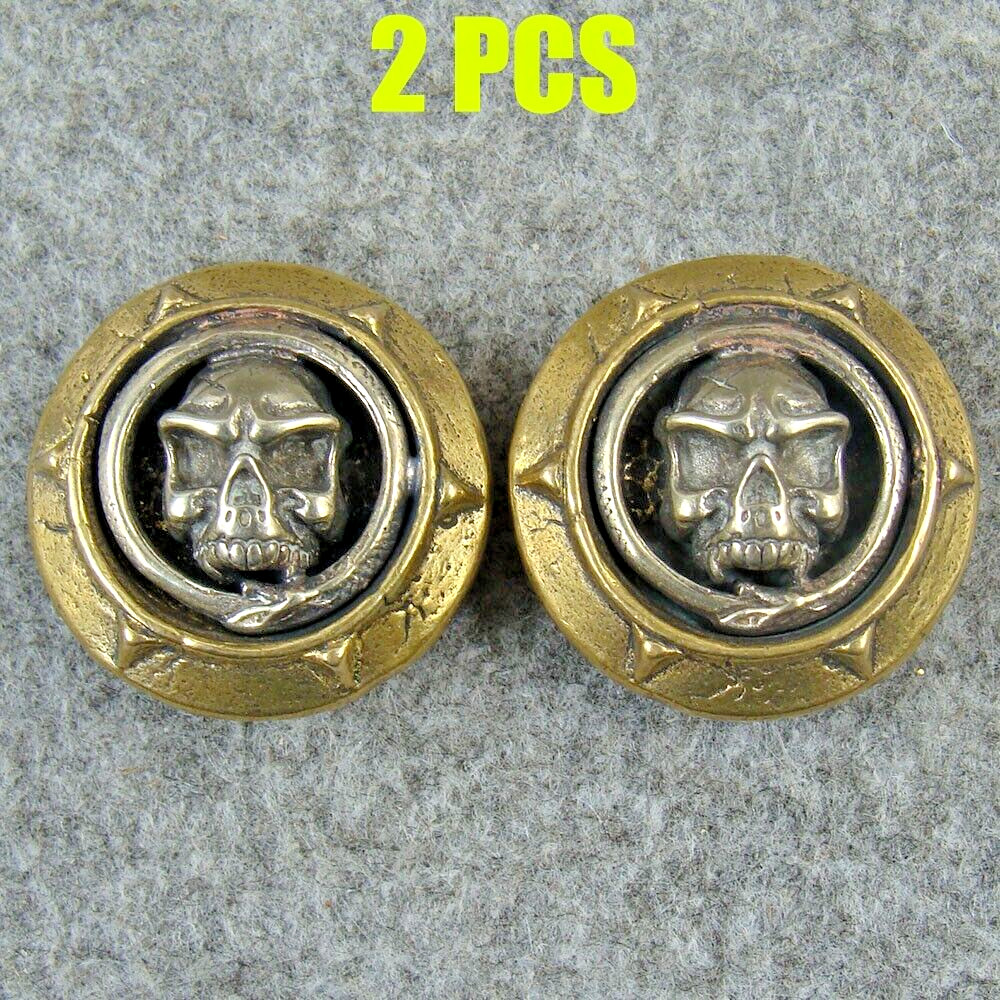 2pcs Brass & White Copper Skull Bag Wallet Buckle Conchos Rivet Stud Punk Screw