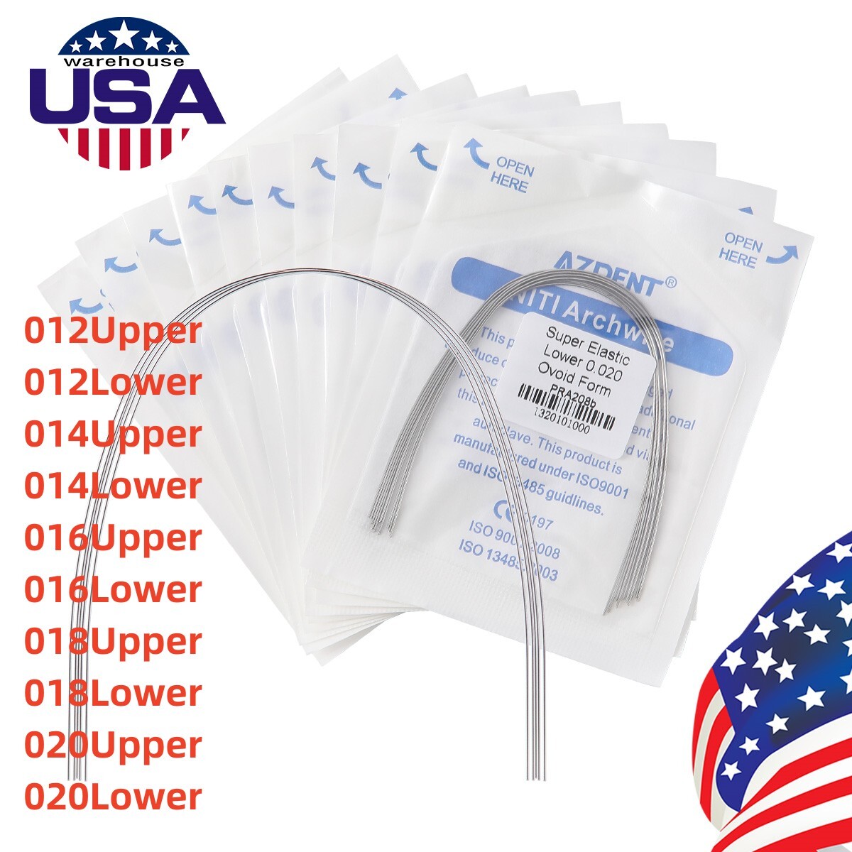 AZDENT Dental Orthodontic Brackets Mini Roth/MBT 022 Hooks 345/10Size Arch Wires