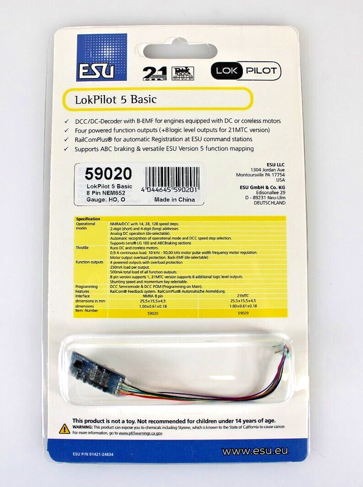ESU 59020 LokPilot 5 Basic DCC Decoder 8 Pin Connector and Harness HO Scale