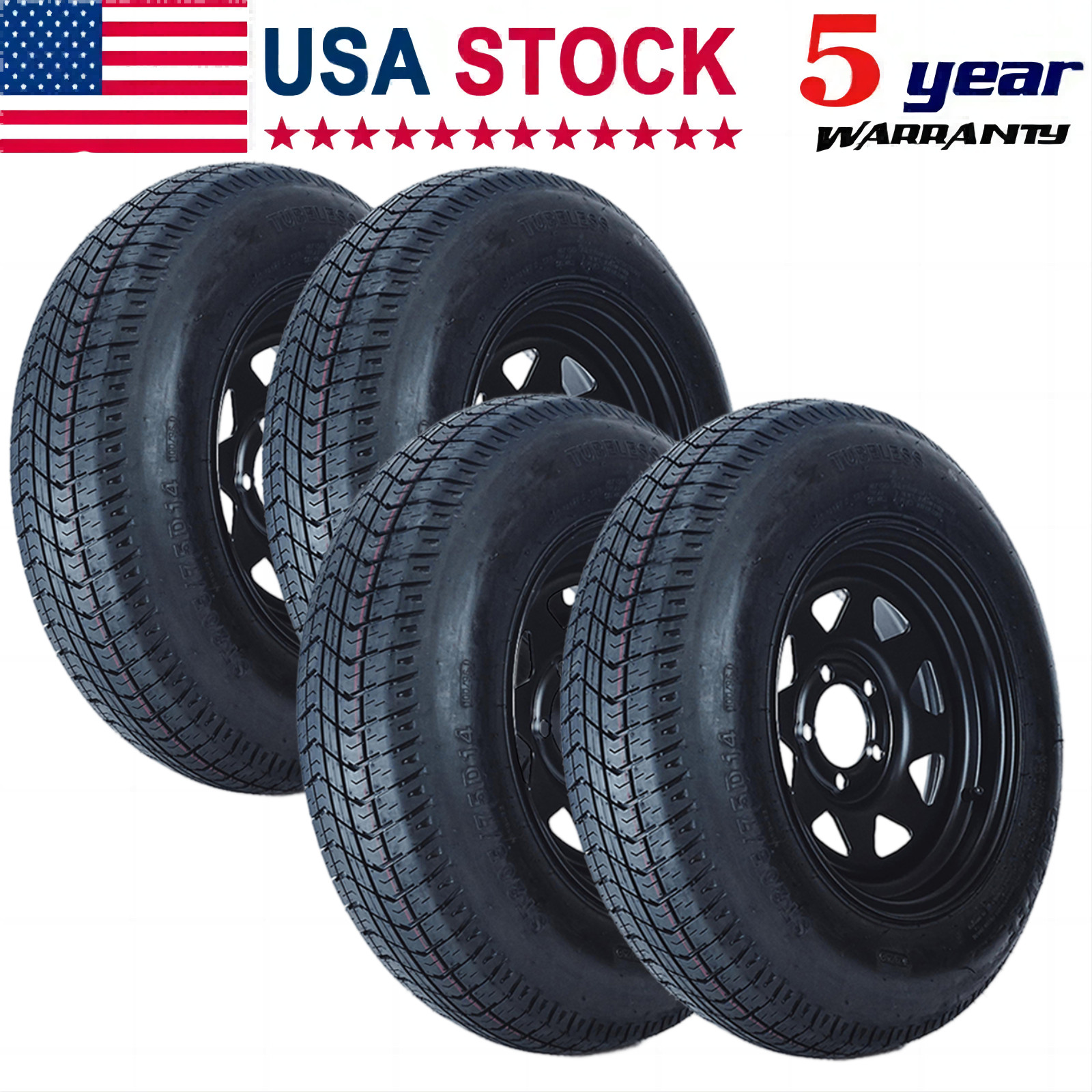 Set of 4 Trailer Tire On Rim ST205/75D14 Trailer Tires and Wheels 5 Lug on 4.5"