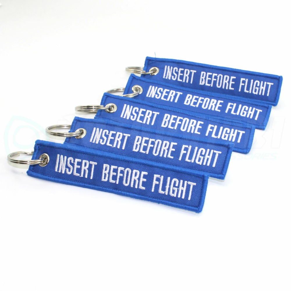 INSERT BEFORE FLIGHT KEYCHAIN QTY= 5 BLUE/white RING TAGS CABIN CREW PILOT