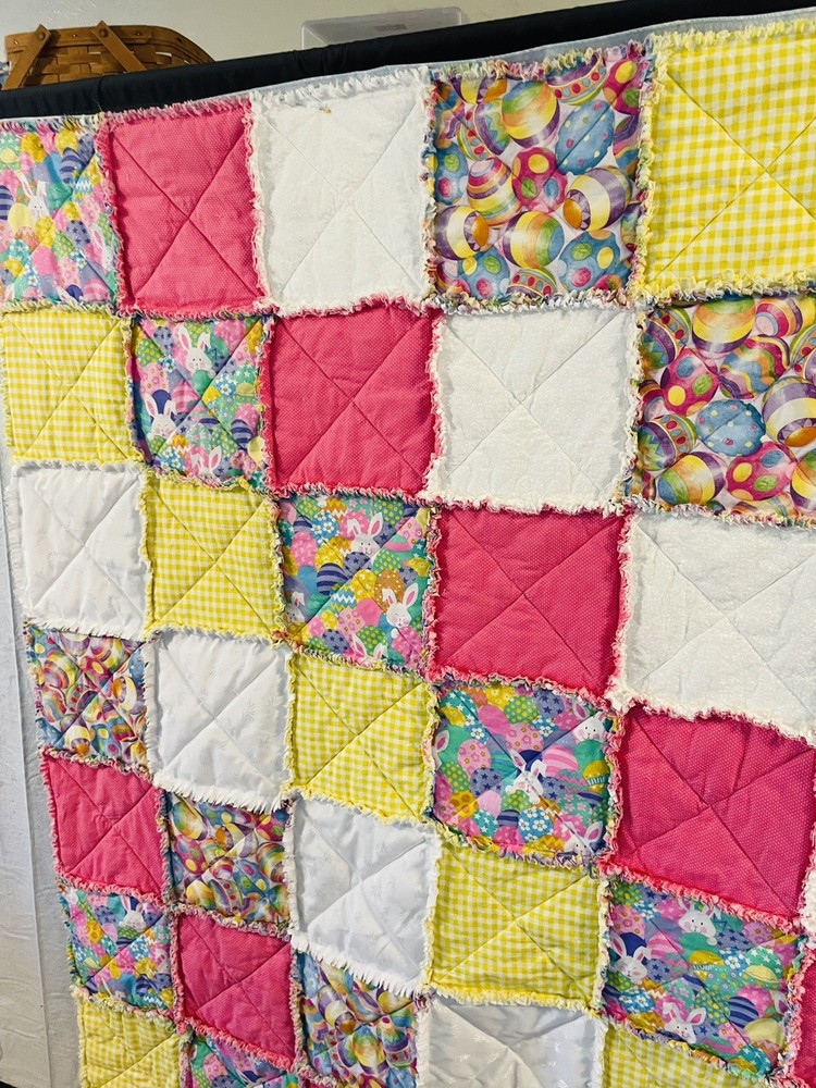 New Throw Size Rag Quilt Handmade Spring Bunnies Eggs Easter Lightweight