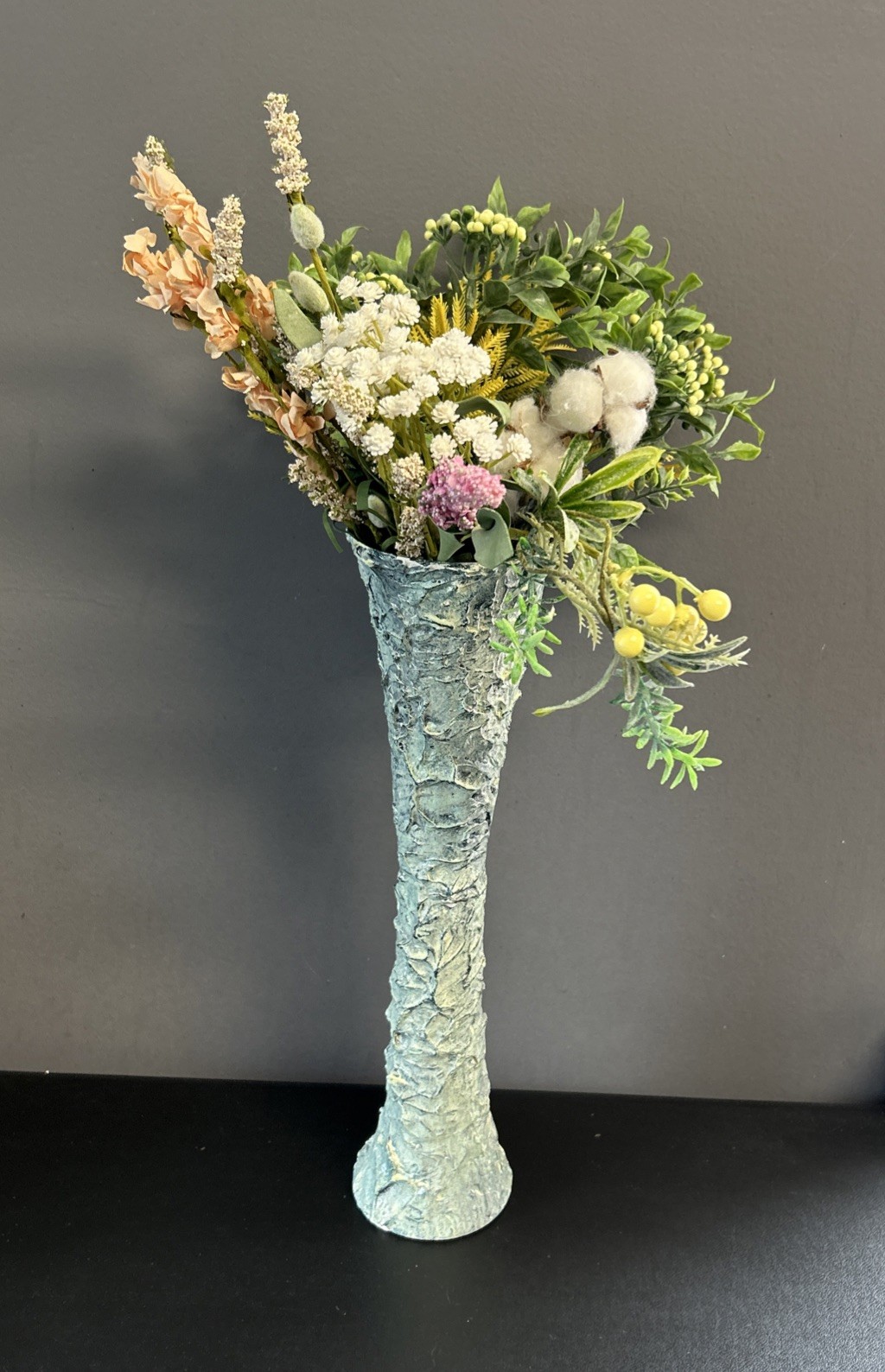 Upcycled Tall Vase Grunge Moody Textured Painted White Waxed Resin Blend 15”