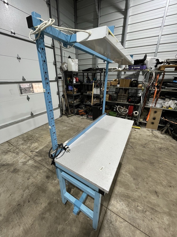 Blue Metal Assembly Workstation with Worktop and Overhead Light