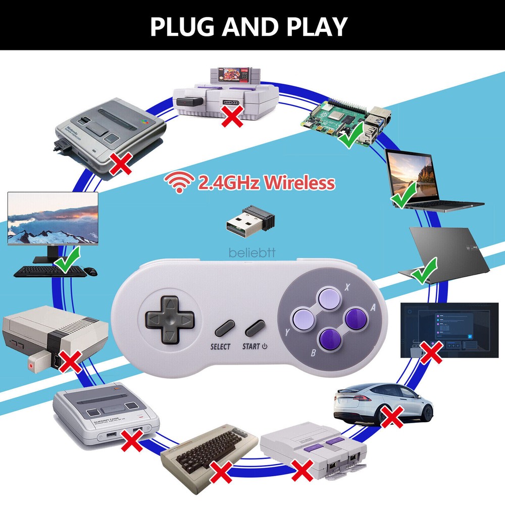 1/2 Wireless SNES USB Super NES Controller Joypad for Mac RetroPie Raspberry Pi