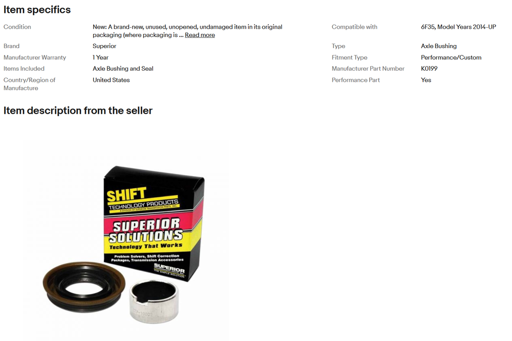 Superior K0199 6F35 Axle Bushing & Seal Kit (Thick Wall Version - 2014-UP)