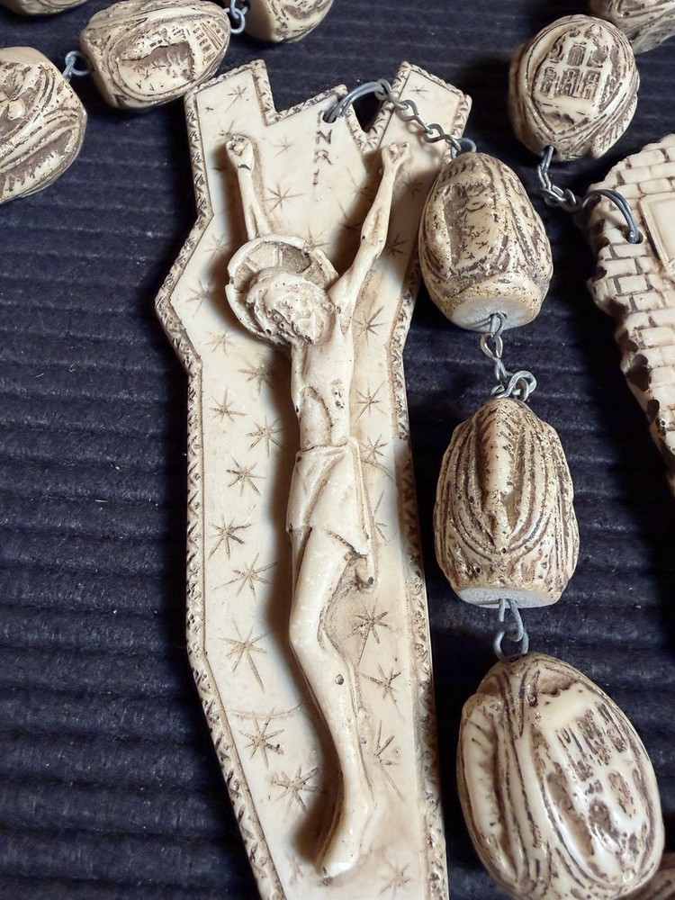 Vintage Large 60" Rosary Beads Wall Hanging Catholic Made In Italy Alabaster