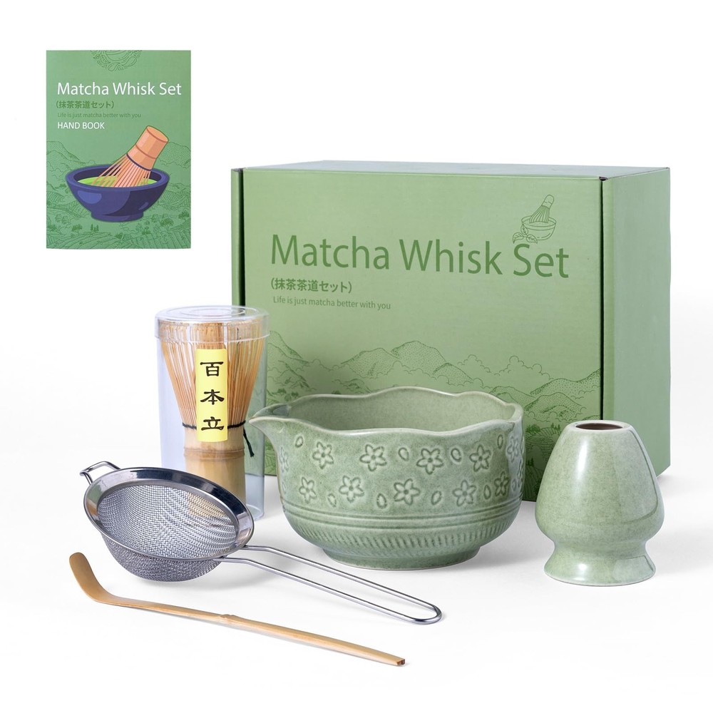 Matcha Whisk Set,5 Pcs Matcha Kit includes 18OZ Ceramic Bowl with Spout,Bambo...