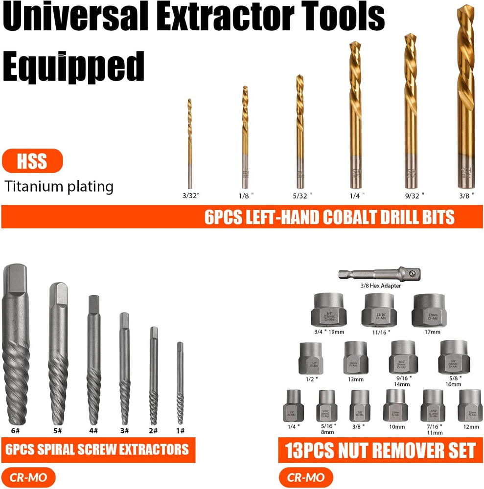26Pcs Bolt Extractor Kit and Left Handed Drill Bit, Easy Out Screw Extractor wit