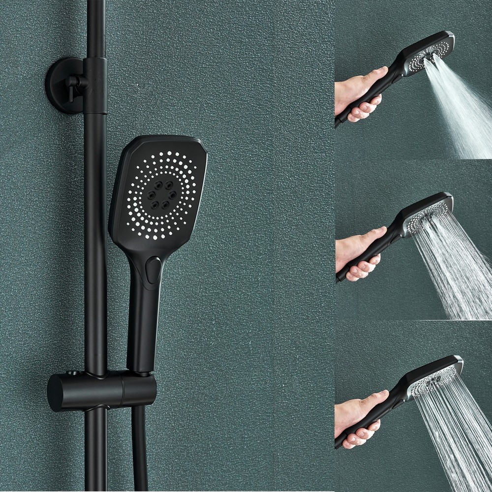 Black Bathroom Shower System w/ Digital Display Exposed Rainfall Shower Fixture