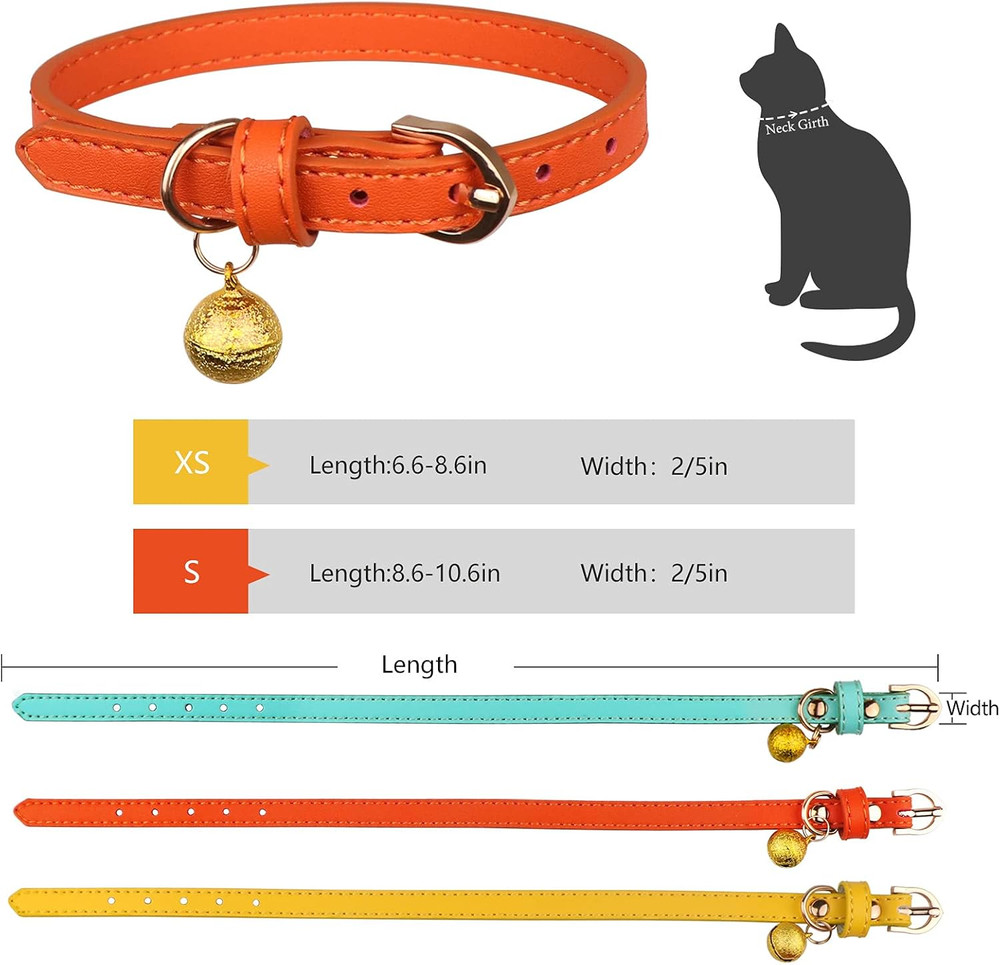3 Pack Leather Cat Collars with Bells Soft Pet Safety Collar Kitten Collars with