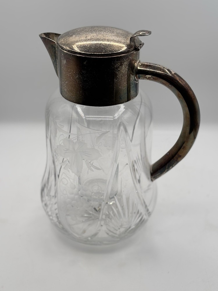 Antique Interwar Crystal Pitcher w/ Silvered Metal Lid & Handle – Ice Insert