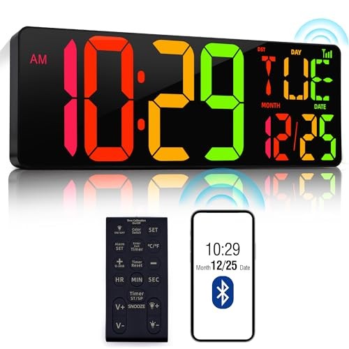 Large Digital Wall Clock 17.2" Bluetooth Auto 11 Colors Bluetooth Time Sync