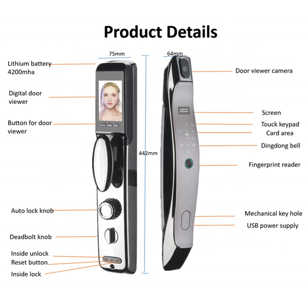 3D Face Recognition Unlock Digital Door Lock With Camera FIngerprint Password
