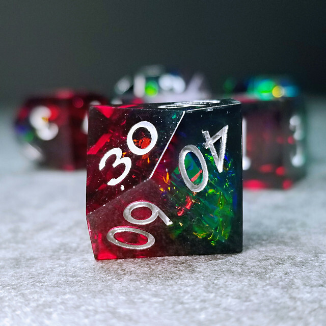 Sage's Enchanted Crystals Red/Green Sharp Edge Silver Ink Resin Dice Set