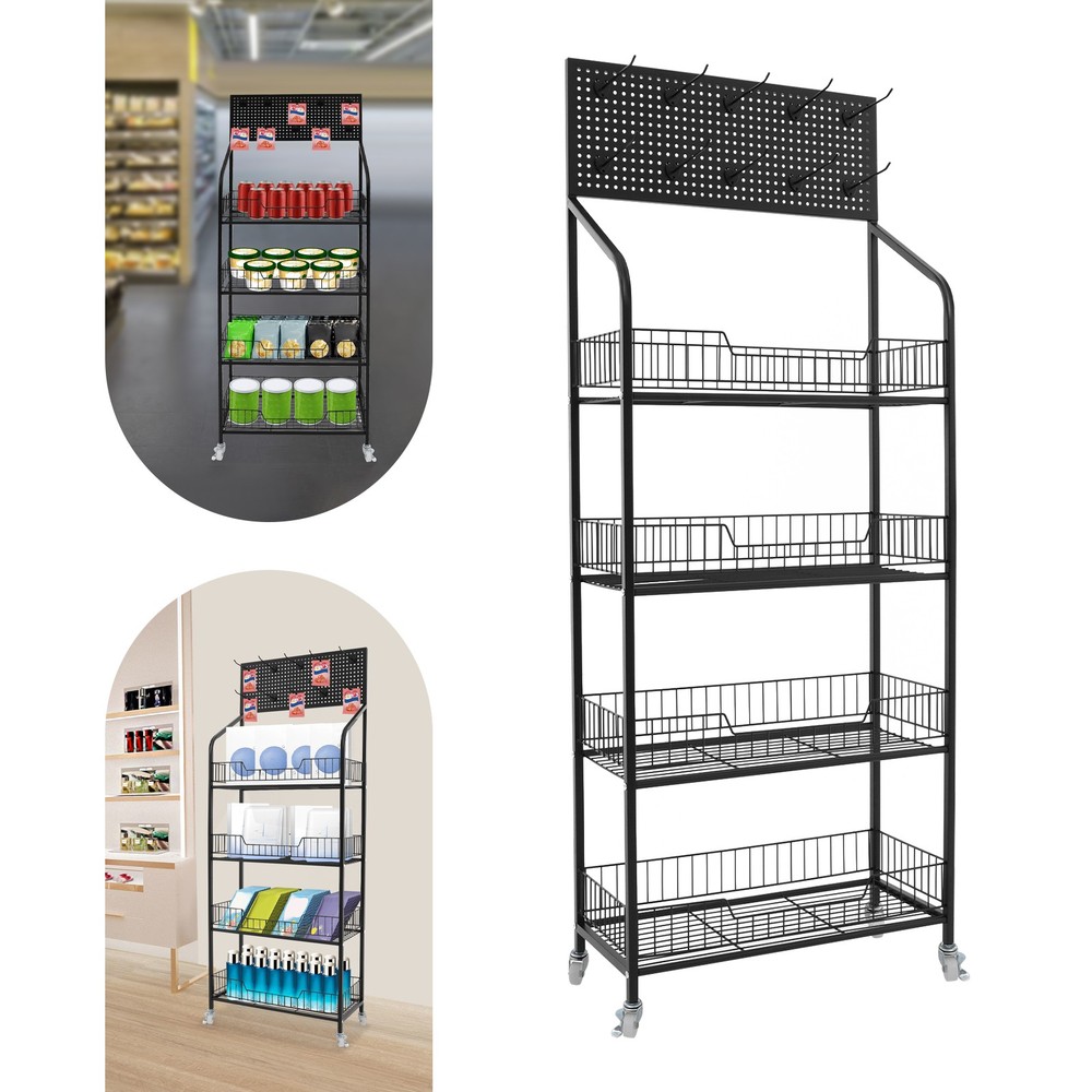 Rolling Retail Display Rack 4 Tier Black Store Merchandise Shelf Unit