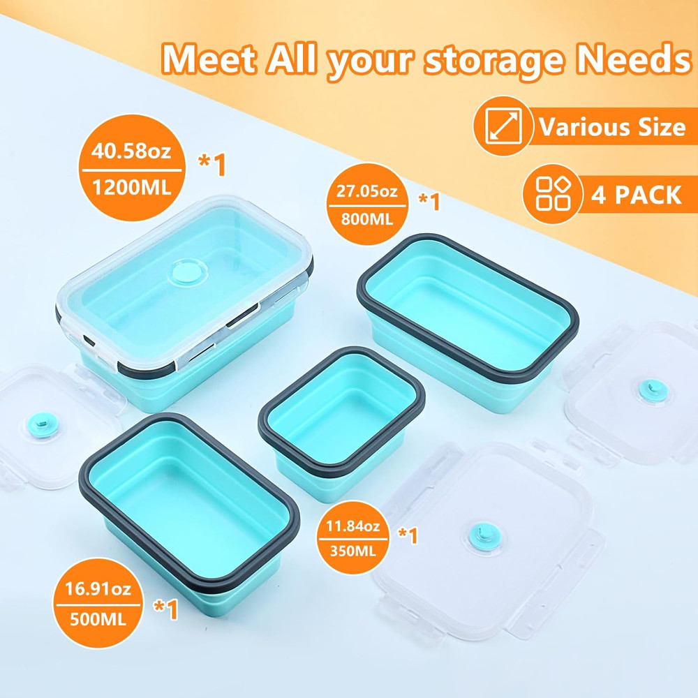 Collapsible Food Storage Containers with Lid & Air Vent, 4 Pack Rectangular Fold