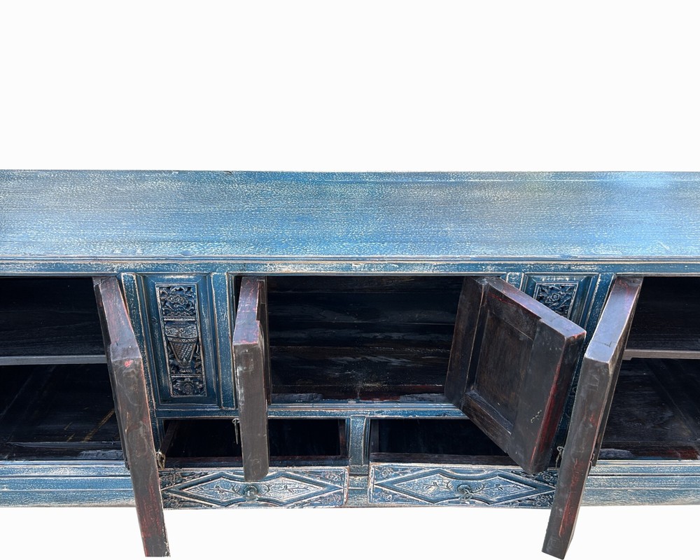 Chinese Distressed Dark Blue Vases Pattern TV Console Table Cabinet cs7738