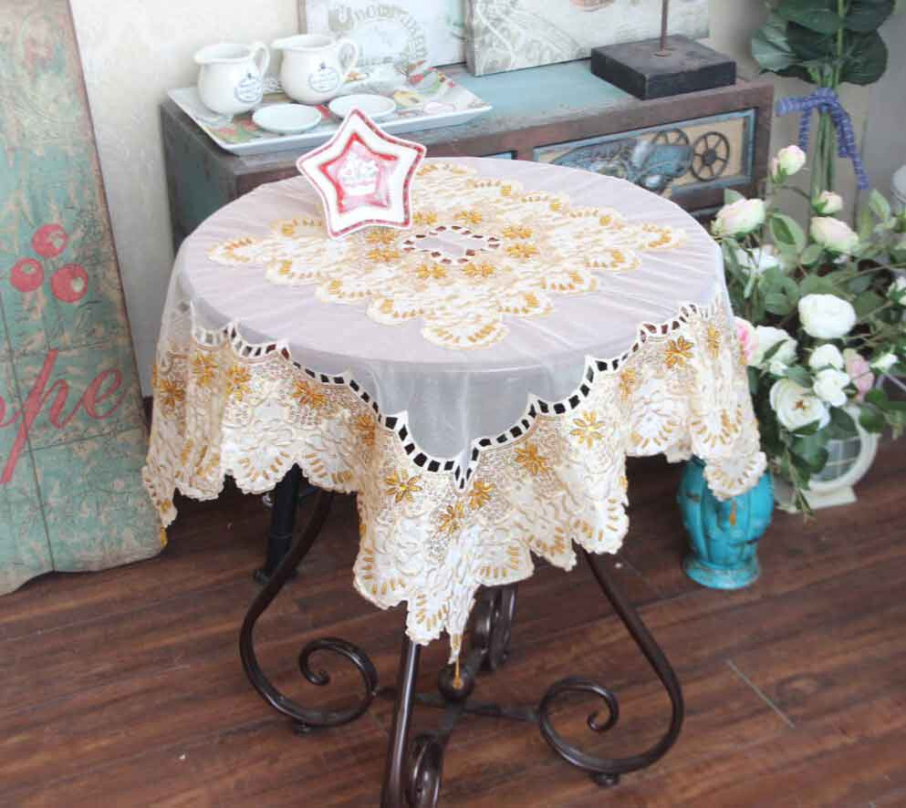 CL@Gorgeous Hand Bead Sequin Embroidery Cutwork Ivory Sheer Patch Table Cloth
