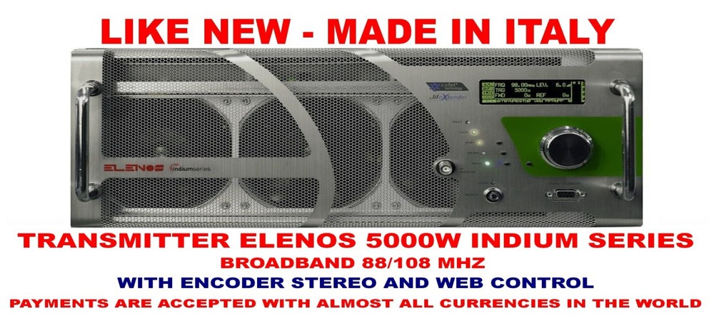 Broadcast Professional Elenos 5Kw ETG5000W FM Transmitter Wide Band - 88 108 Mhz
