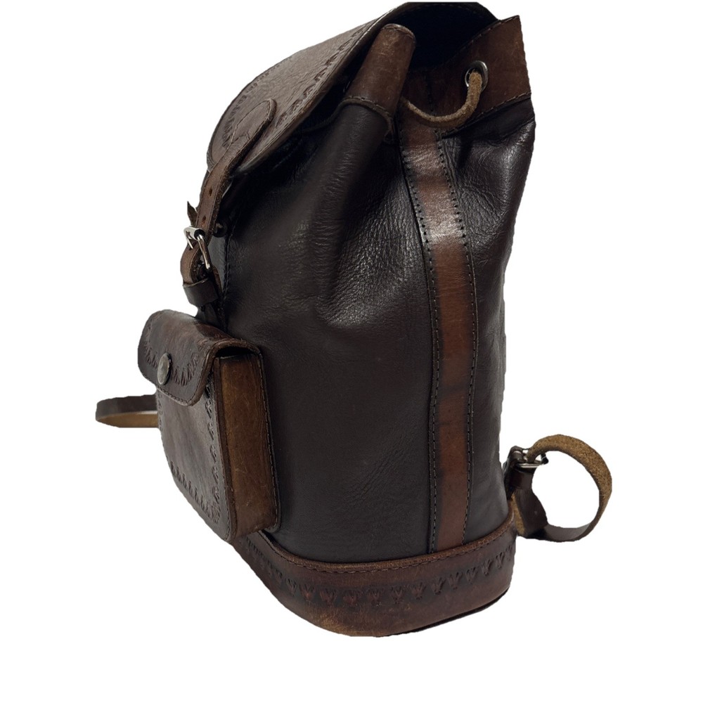 Handcrafted Leather Backpack - Embossed & Stitched Brown Drawstring Bag Vintage