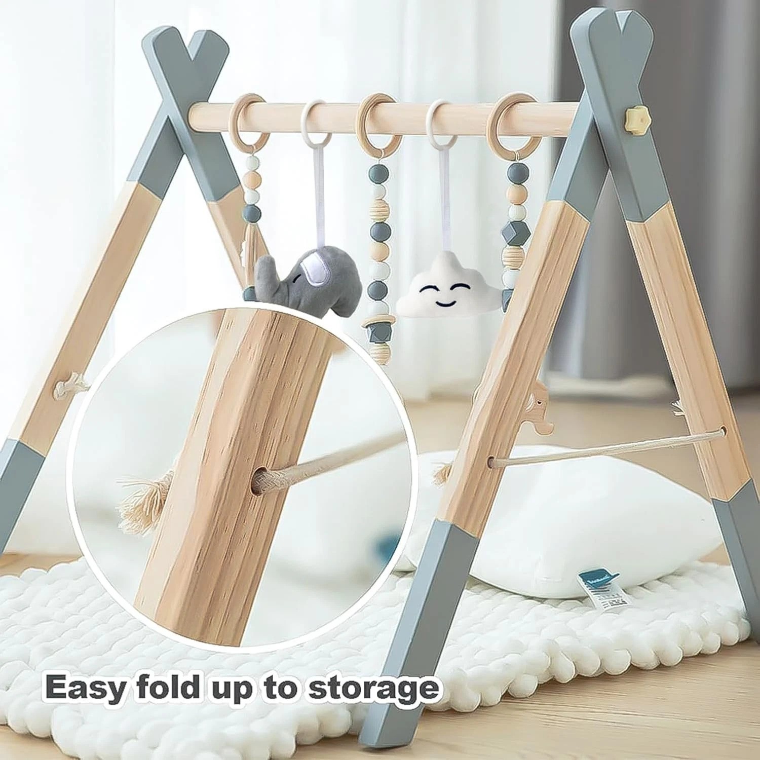 Natural Wooden Baby Play Gym: Foldable Activity Frame with 5 Stimulating Toys