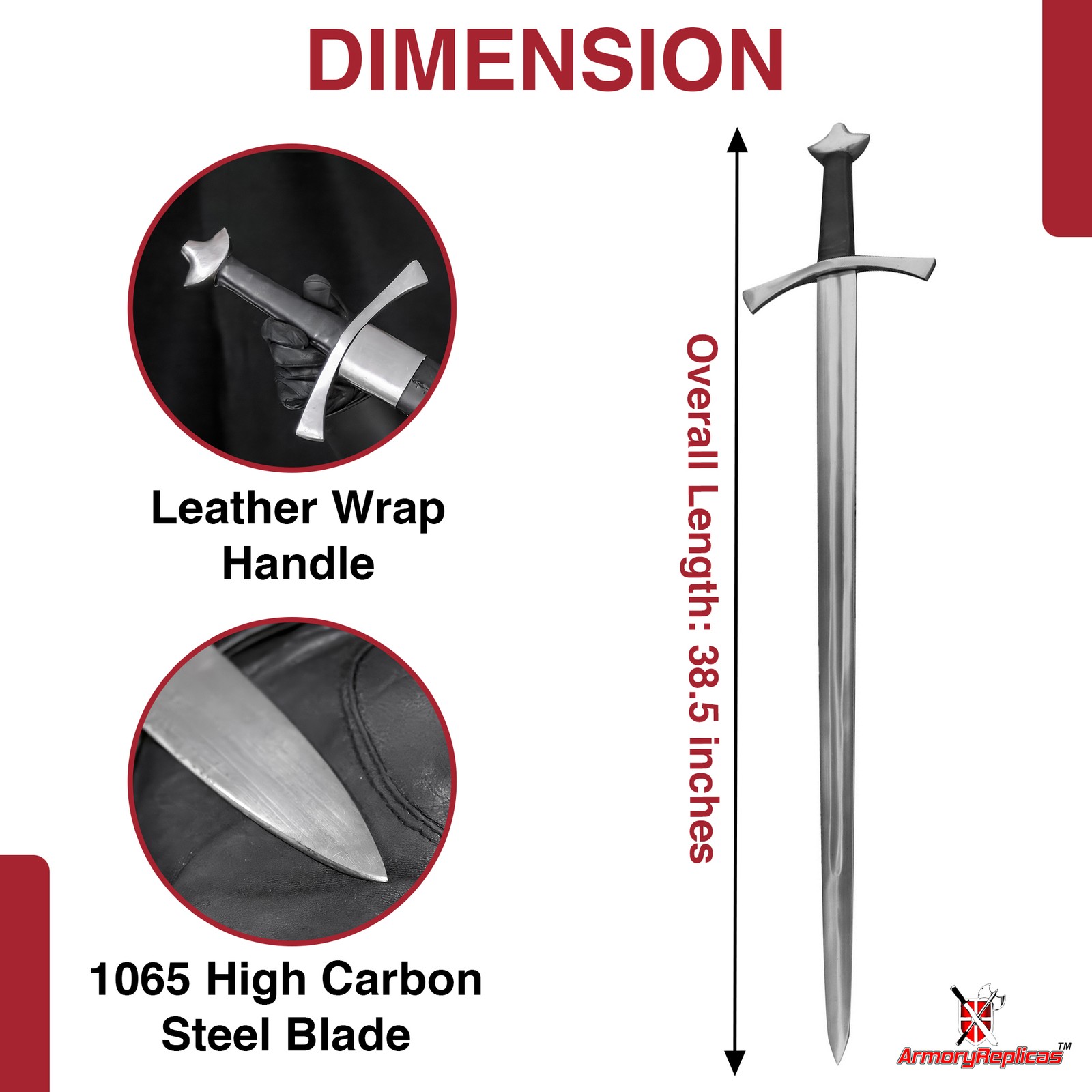 Medieval Arming Long Sword 1065 Steel Full Tang Battle Ready w/ Leather Scabbard