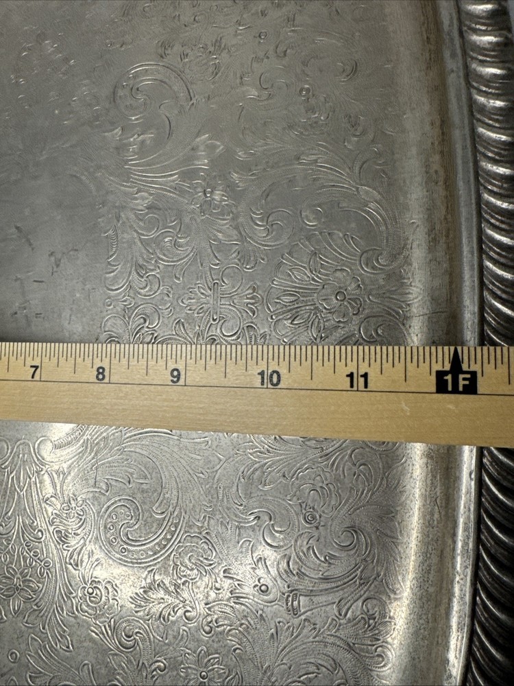 Leonard Silverplate Footed Serving Tray Ornate Engraved Floral Handles Rope Edge