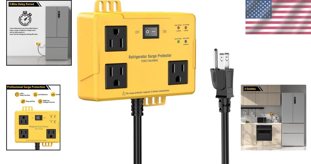 Voltage Protector Surge Device with 3 Outlets - 3 Minute Delay Period, Yellow