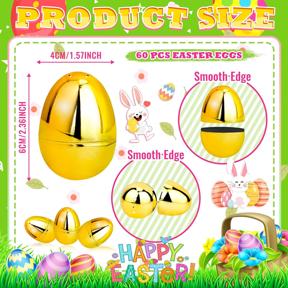 18Pcs Easter Eggs Bulk 2.3" Fillable Shiny Golden Metallic Plastic Easter Eggs